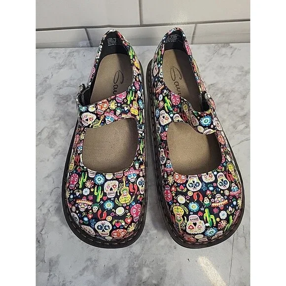 Savvy 9.5M Multicolor Skull Cactus Floral Pattern Work Mary Jane Nursing Shoes - Picture 2 of 7